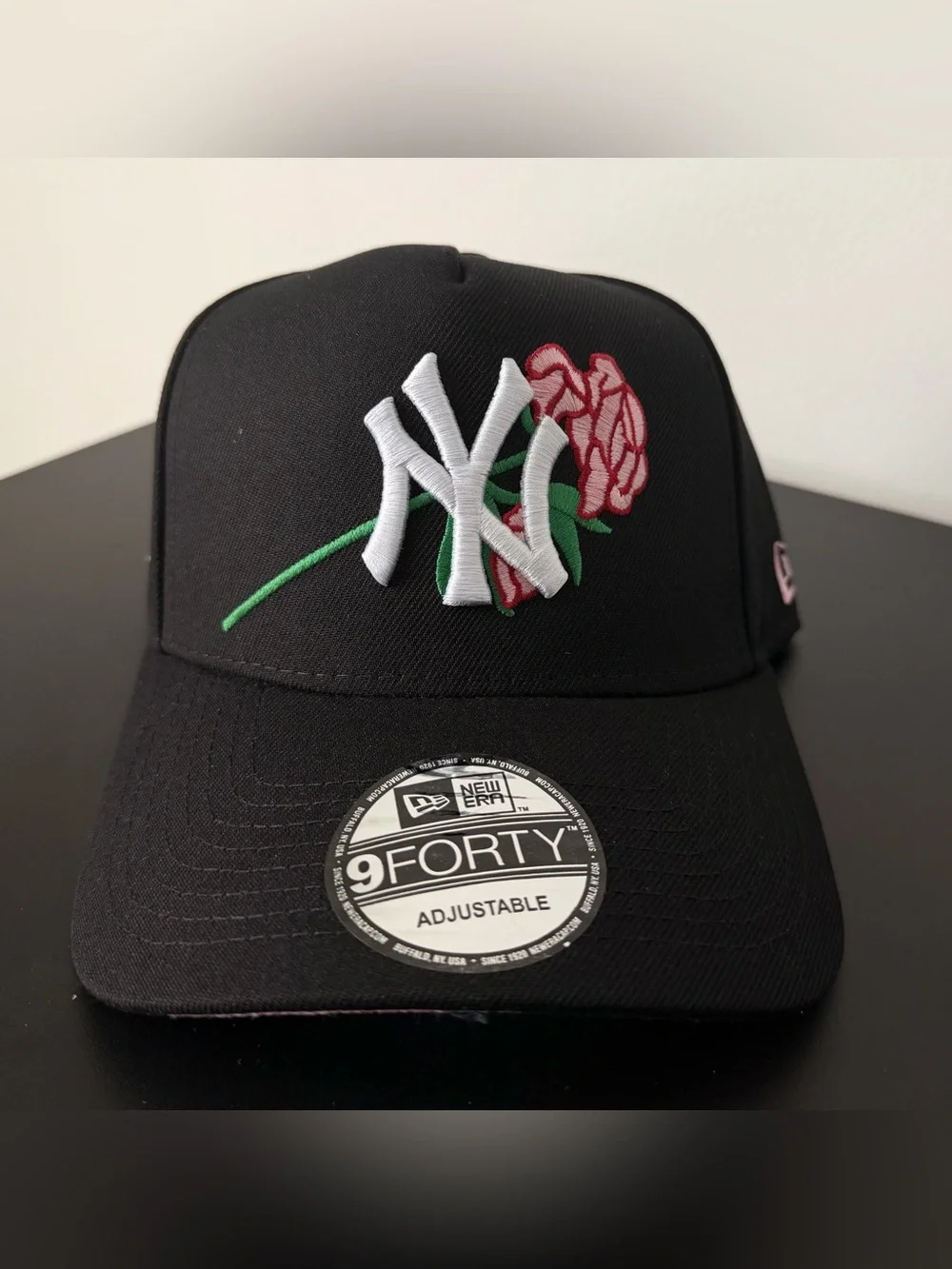 New Era Black Cap with White NY Logo and Red World Series Patch